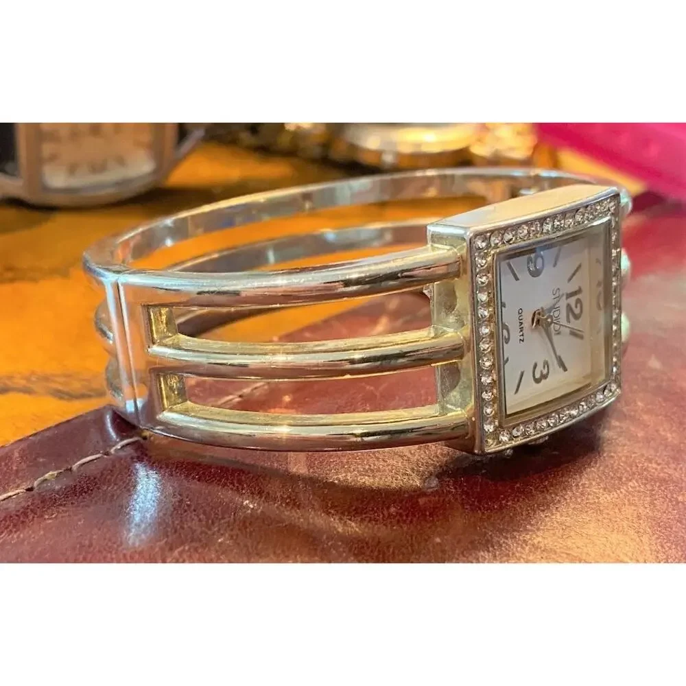 Woman's Studio Time Bangle Bracelet Watch, Gold Tone, Rhinestone Bezel
